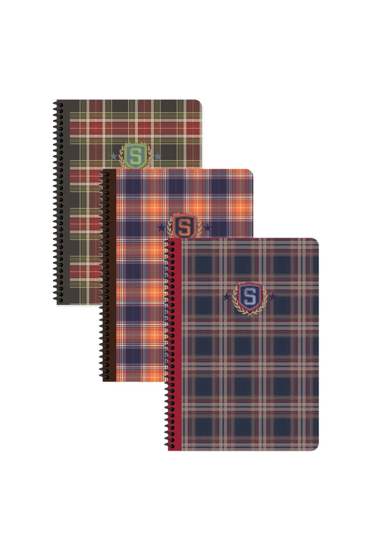 Keskin Color A4 Çizgili Spiralli Ekose Desenli Okul Defteri 3'lü Set | 80 Yaprak