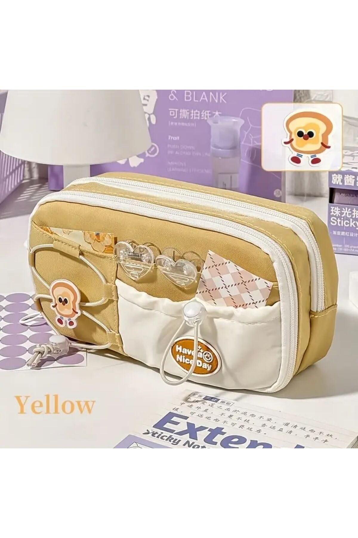 Kawaii Kore Tarzı Sevimli Çok Bölmeli Kalem Kutusu Sarı