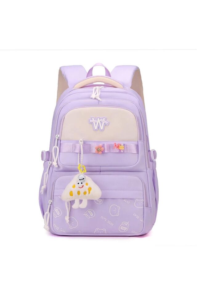 Kore Model Cute Bear Desenli Anahtarlıklı Okul ve Günlük Sırt Çantası Mor
