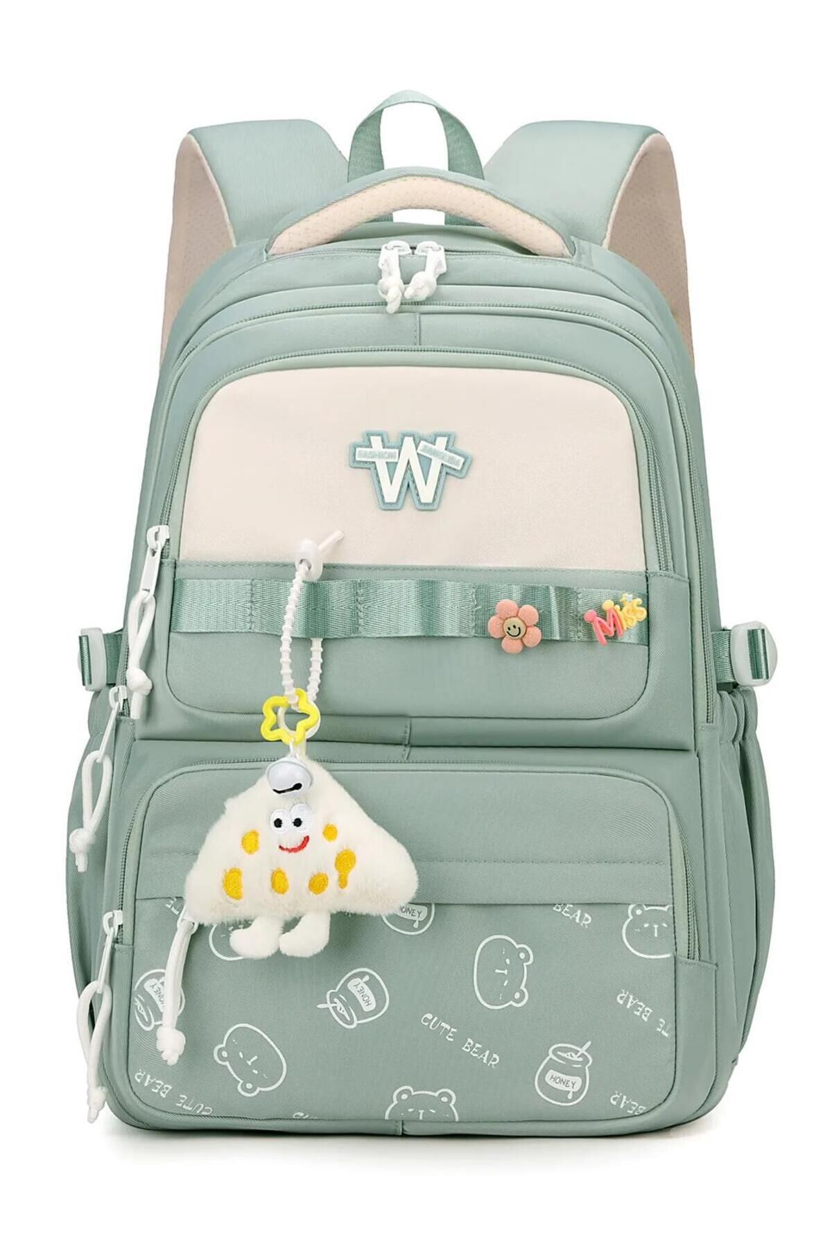 Kore Model Cute Bear Desenli Anahtarlıklı Okul ve Günlük Sırt Çantası Yeşil