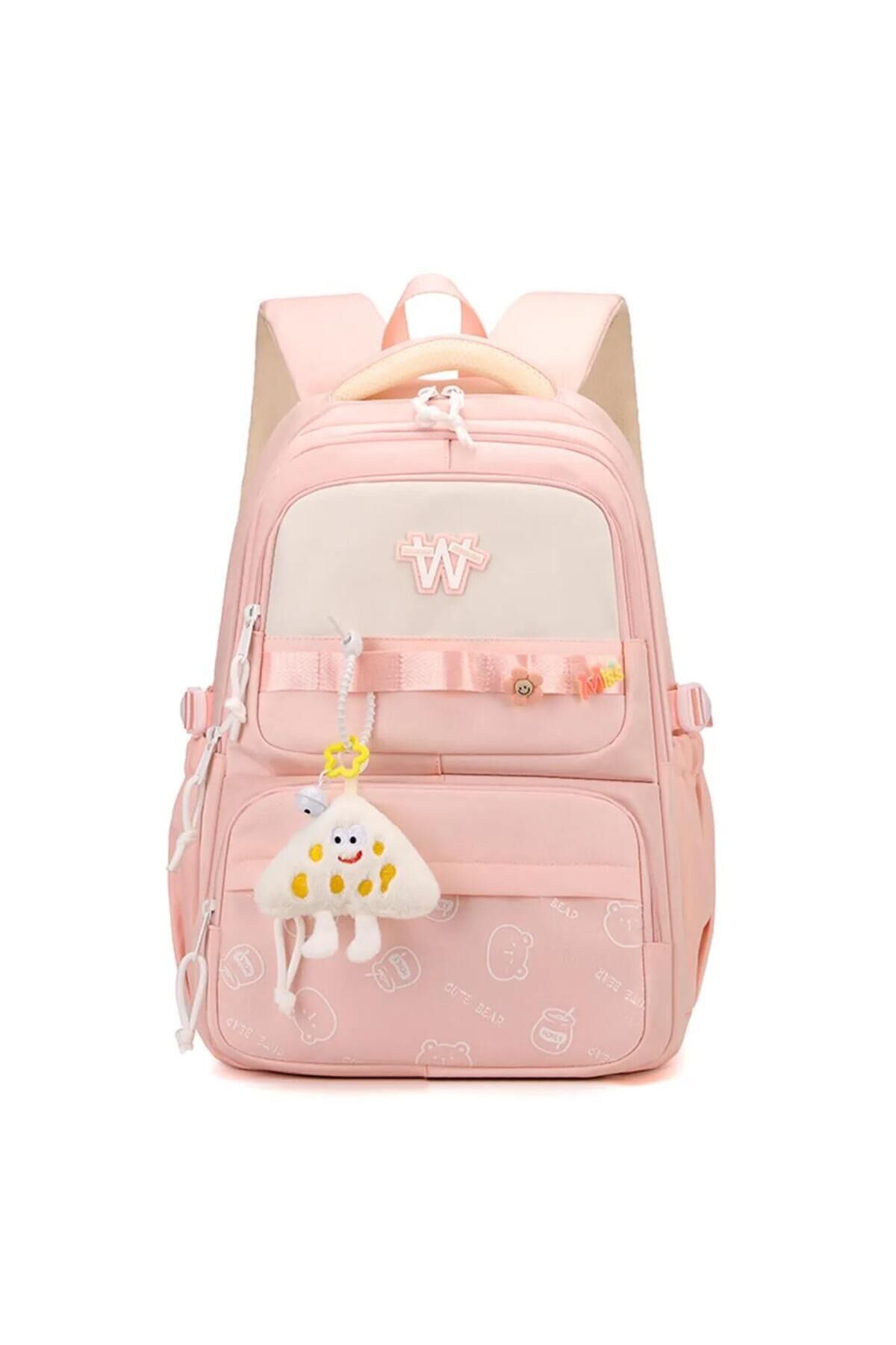 Kore Model Cute Bear Desenli Anahtarlıklı Okul ve Günlük Sırt Çantası Pembe