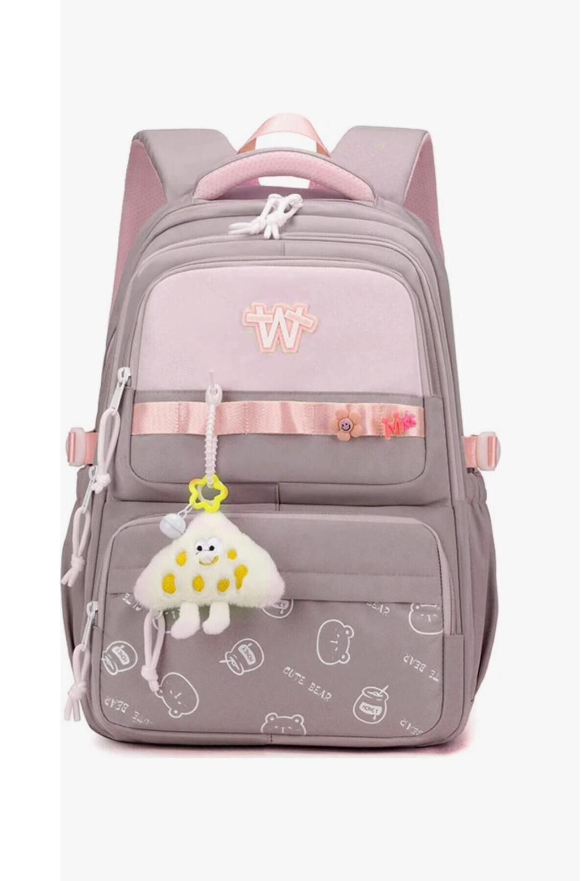 Kore Model Cute Bear Desenli Anahtarlıklı Okul ve Günlük Sırt Çantası Haki