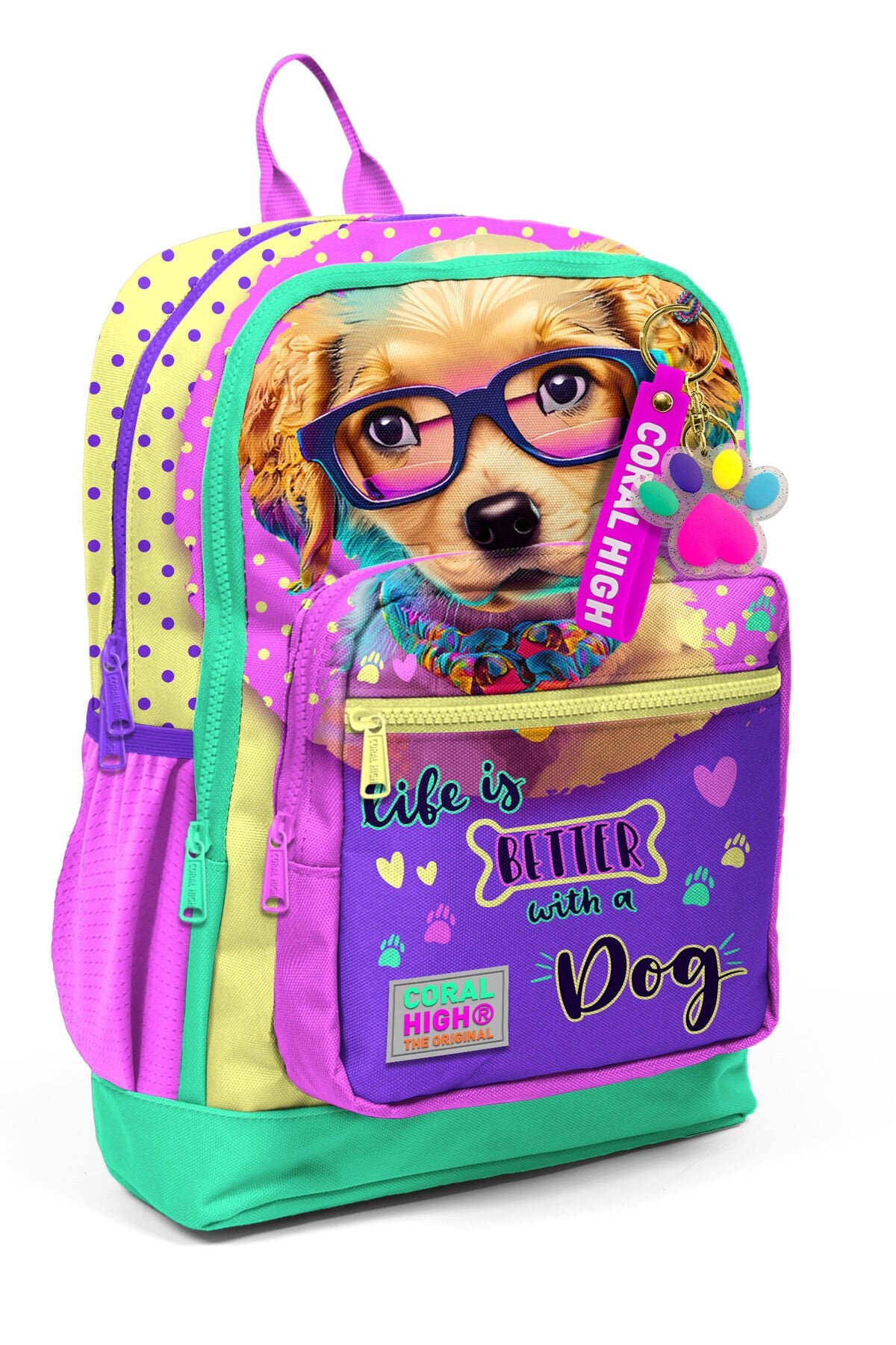 Gözlüklü Köpek Desenli Okul Çantası 23752 Sarı Pembe