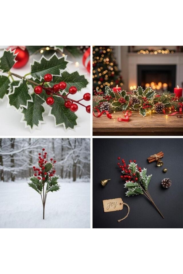 Yılbaşı Kokina Çiçeği Dalı – Kırmızı Meyveli Yapay Noel Dekoru 45 cm (1 Adet)