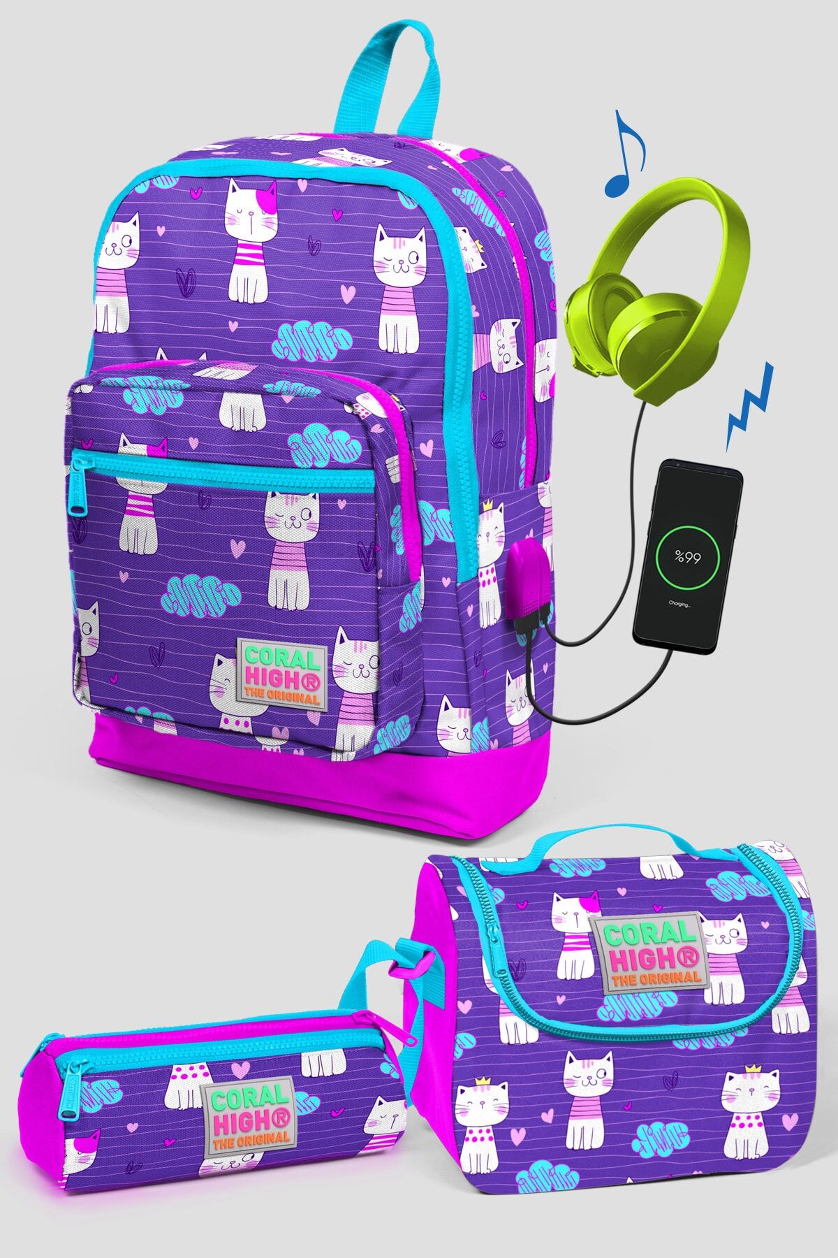 Kids Mor Kedi Desenli Dört Bölmeli Usb Şarjlı Kulaklık Çıkışlı 3'lü Çanta 23264 Mor