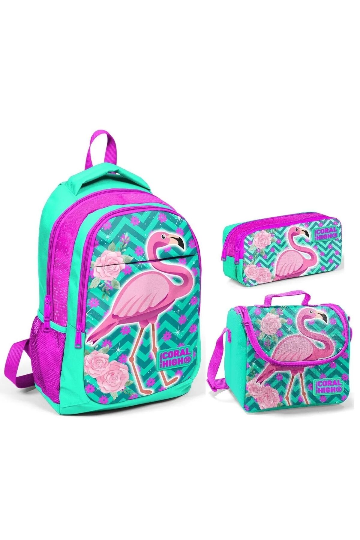 Coral High Kids Su Yeşili Pembe Simli Flamingo Desenli Üç Bölmeli Okul Sırt Çanta Seti 3''lü 14382