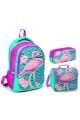 Coral High Kids Su Yeşili Pembe Simli Flamingo Desenli Üç Bölmeli Okul Sırt Çanta Seti 3''lü 14382