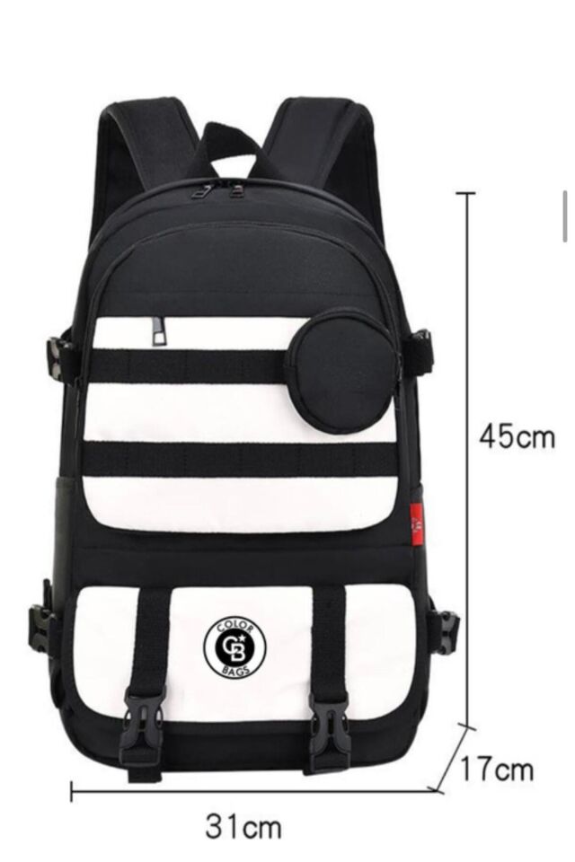 Siyah-Beyaz Çizgili Kolej Stil Sırt Çantası (45x31x17 cm)