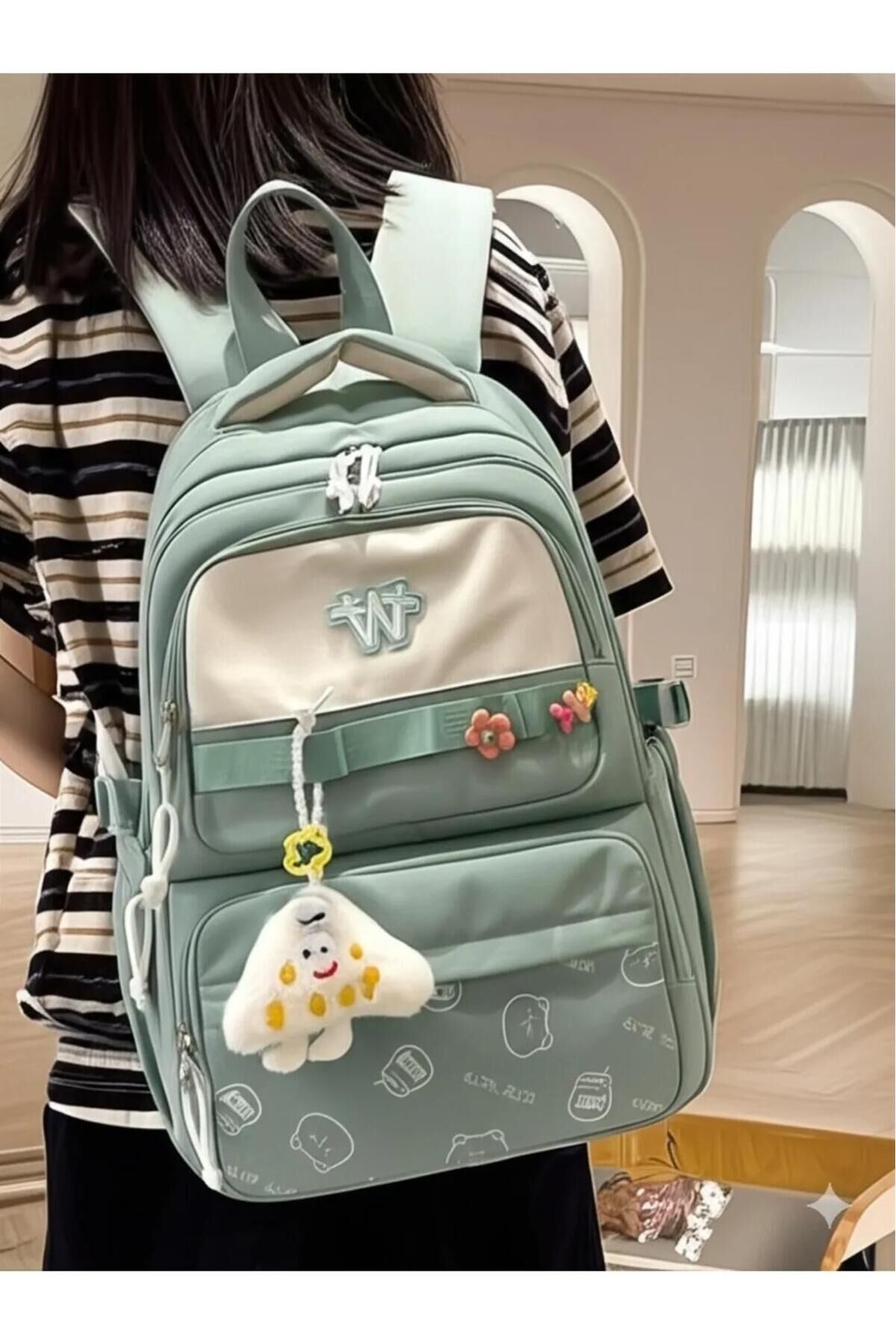 Kore Tarzı Pastel 3'lü Okul Çanta Seti