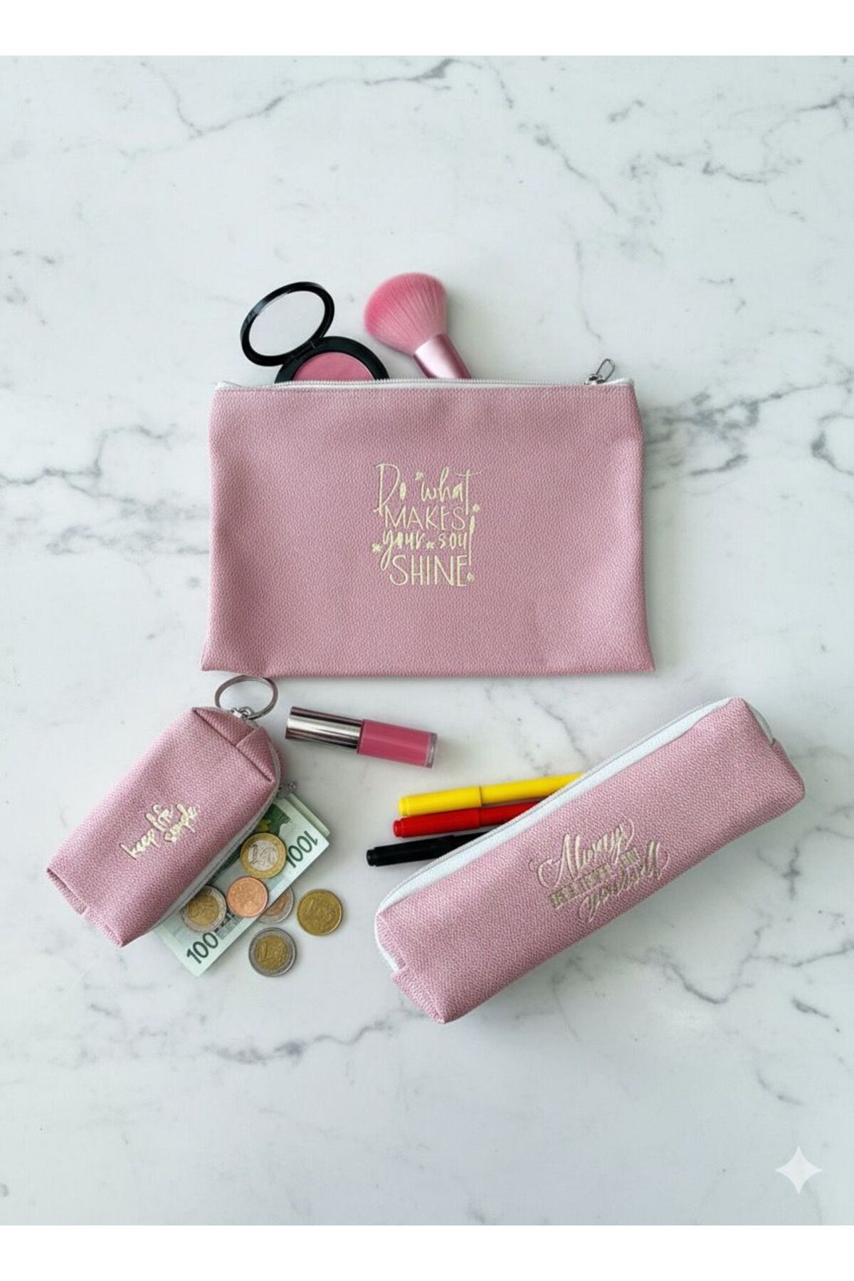 Lizy 3 lü Çanta Seti Makyaj Çantası, Bozuk Para Cüzdanı ve Kalemlik