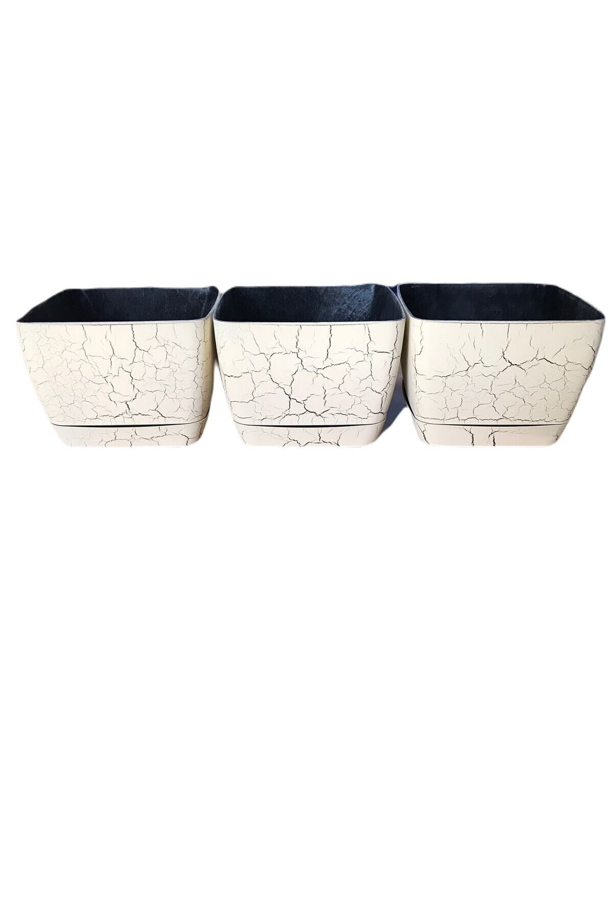 Kare Mermer Görünümlü Saksı Tabaklı 18 Cm 3'lü Krem