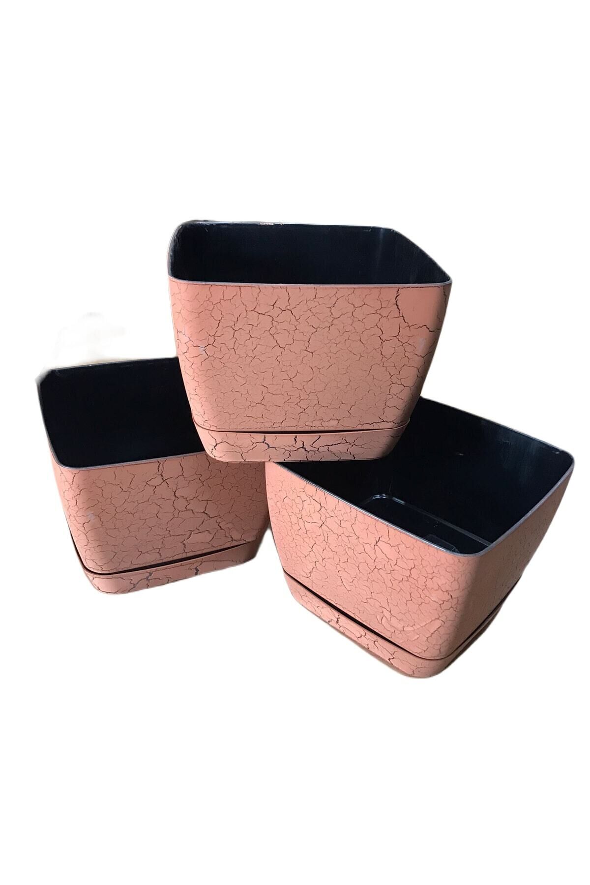 Kare Mermer Görünümlü Saksı Tabaklı 18 Cm 3'lü Kahve
