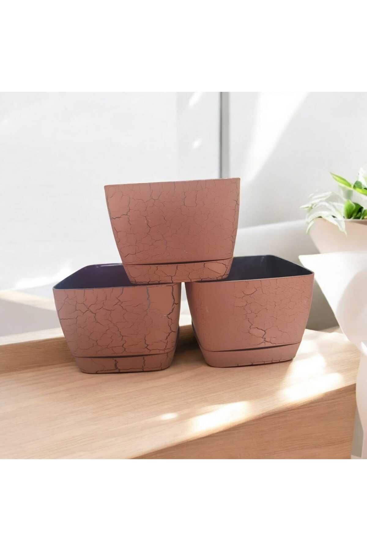 18 cm Mermer Desenli Kare Tabaklı Saksı (3Adet) Kahverengi