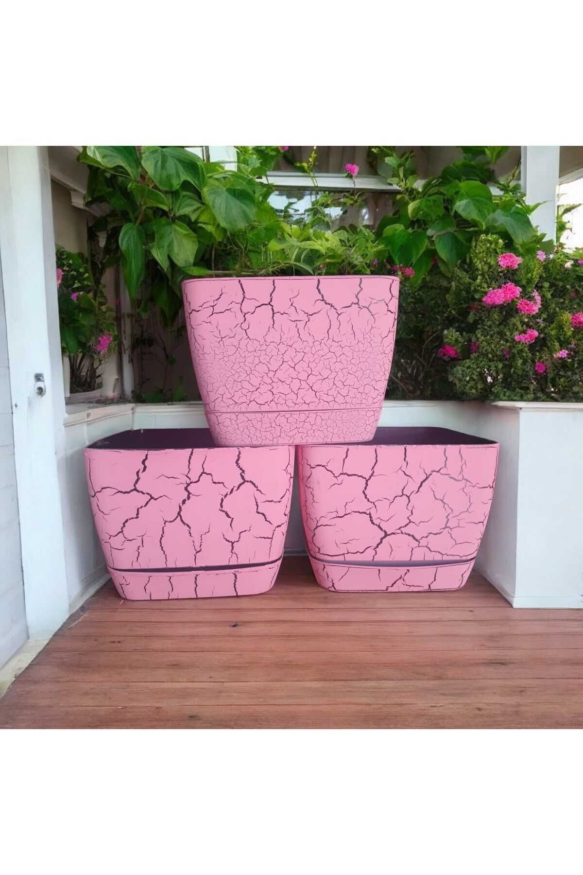 18 cm Mermer Desenli Kare Tabaklı Saksı (3Adet) Pembe