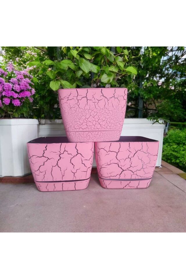 18 cm Mermer Desenli Kare Tabaklı Saksı (3Adet) Pembe