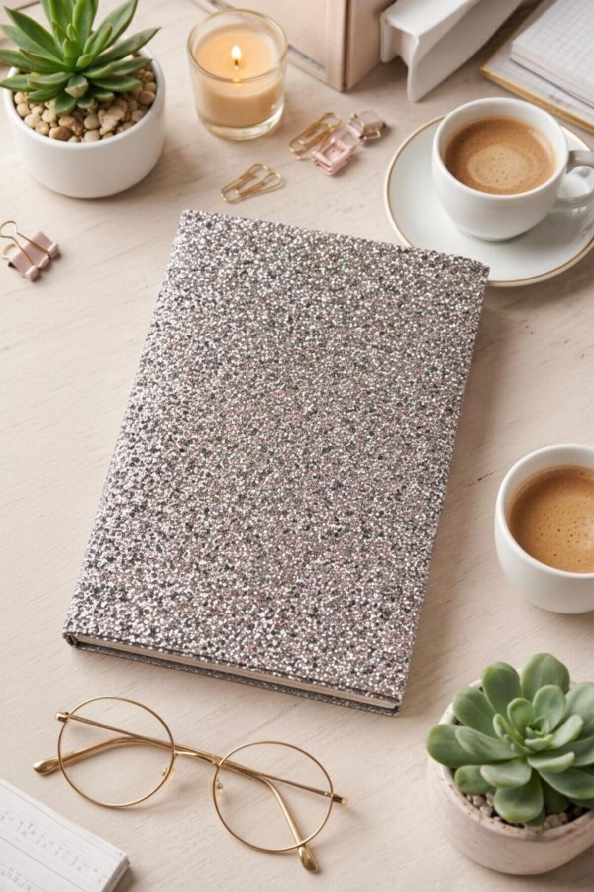 Parıltılı Çizgili Defter – Günlük ve Not Defteri / 14x20 cm/ 168 Yaprak Gümüş