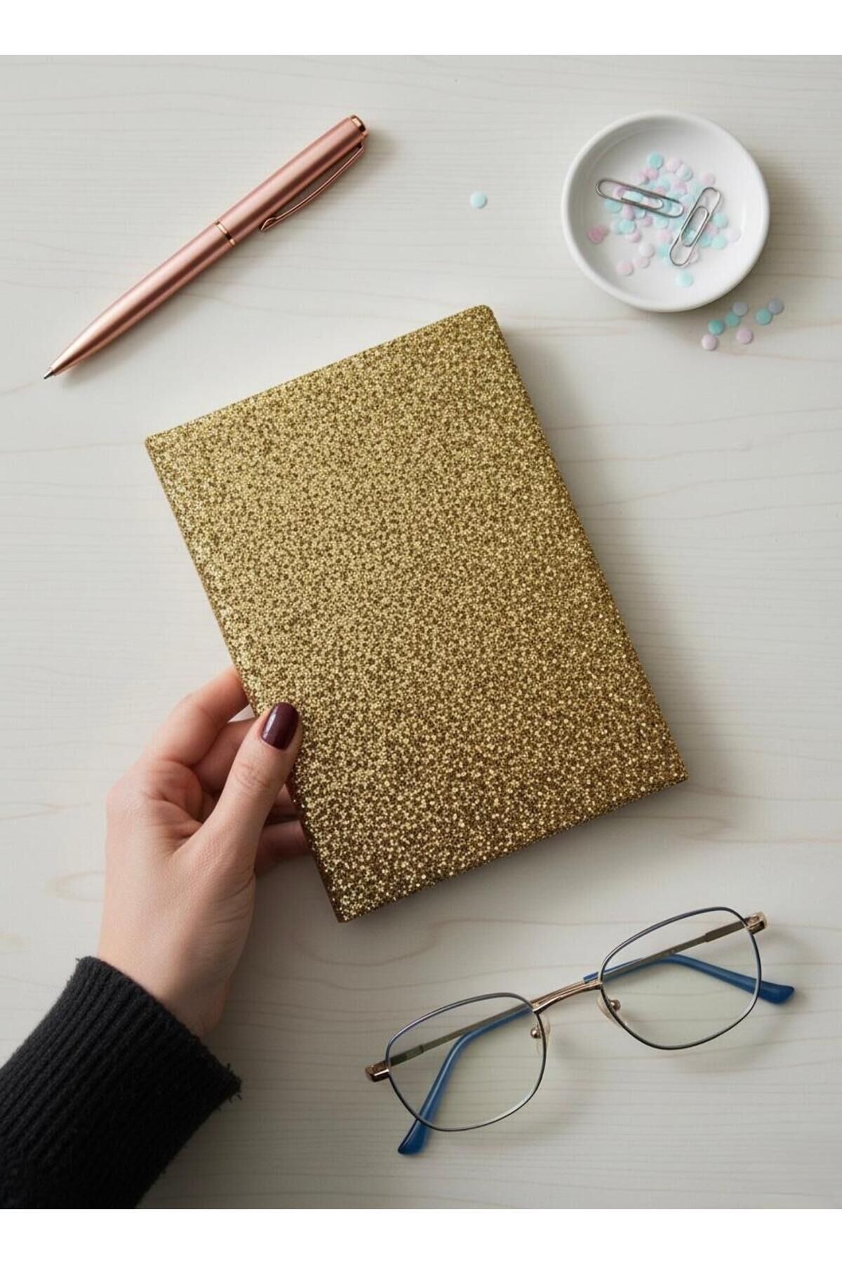 Parıltılı Çizgili Defter – Günlük ve Not Defteri / 14x20 cm/ 168 Yaprak Altın