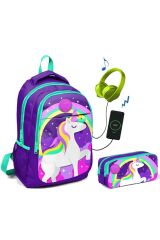 Lacivert Unicorn Baskılı Okul Çanta Seti - Kız Çocuk