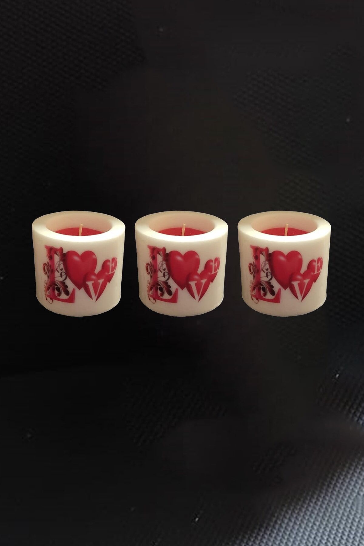 6 Cm Silindir Mum 3'lü Set Kalp Desenli