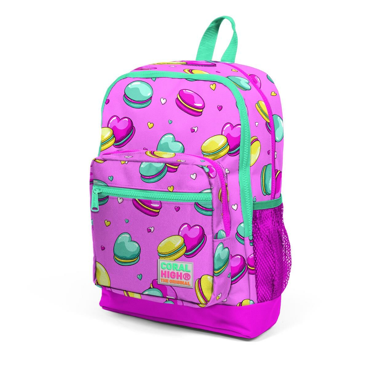 Coral High Kids Açık Pembe Su Yeşili Makaron Desenli Dört Bölmeli Okul Sırt Çantası 23462